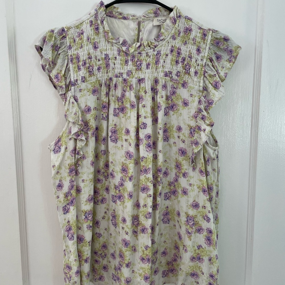 Rachel Zoe purple and green floral blouse.